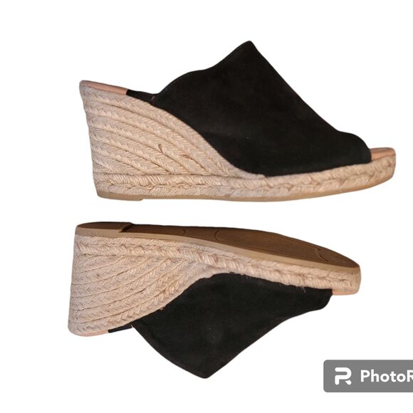Gaimo Suede Wedges Black Slip On Slide Peep Toe Espadrille - Picture 3 of 14
